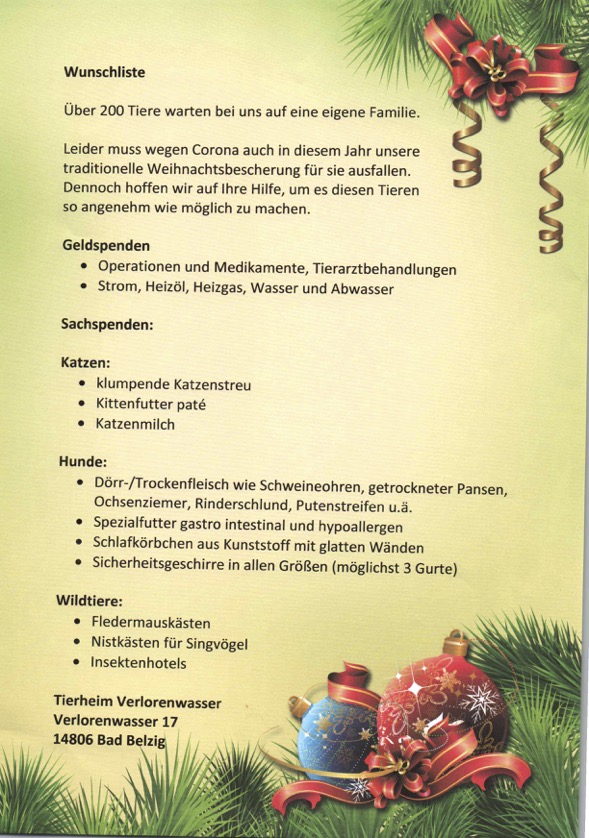 Wunschliste Tierheim Verlorenwasser